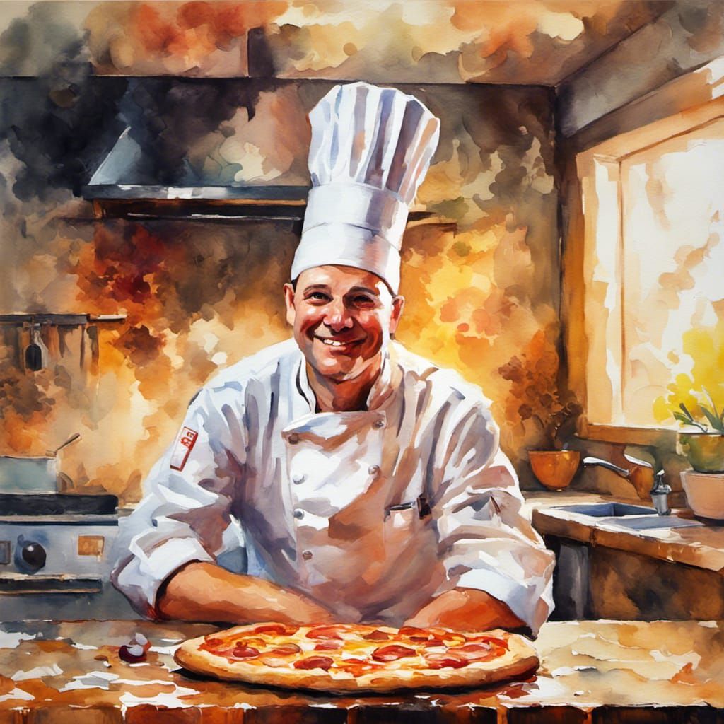 Smiling Chef with Pizza: Vivid Watercolor Art