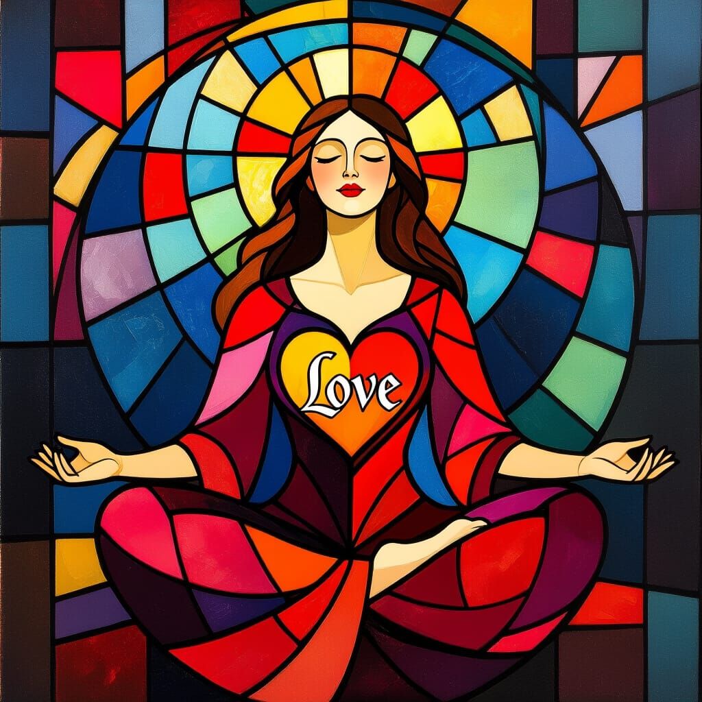 Sacred Heart Woman in Stained Glass Art Nouveau Style