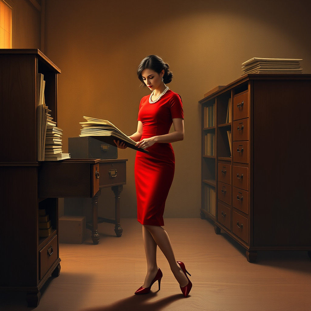 Woman in Red Dress Sorting Files, Matte Painting Style