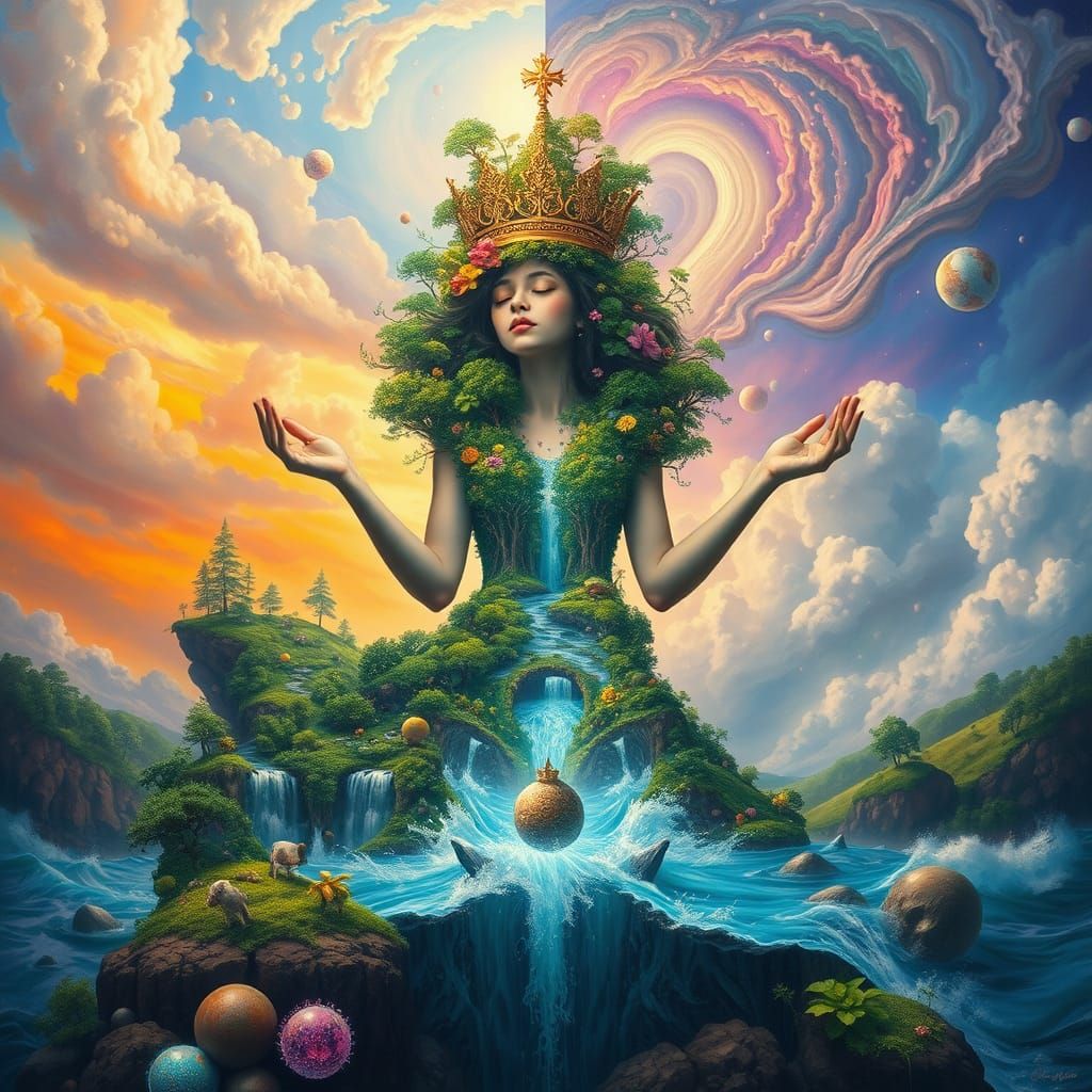 Surreal Princess with Shimmering Forest Body in Ethereal Lan...