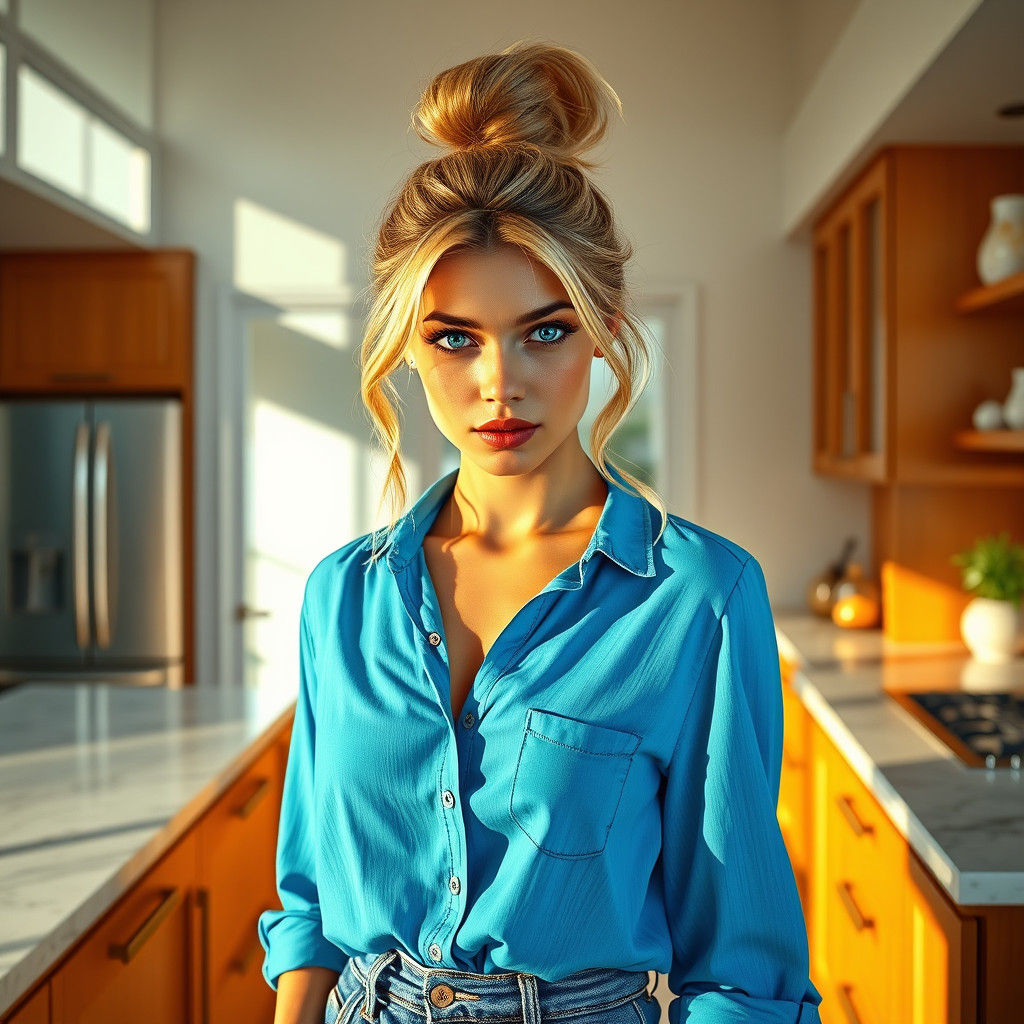 Blonde Woman in Kitchen, Hyper-Realistic Digital Painting