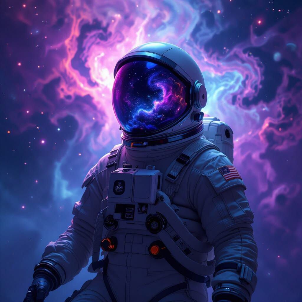 Astronaut Adrift in Cosmic Void Reflecting Nebula