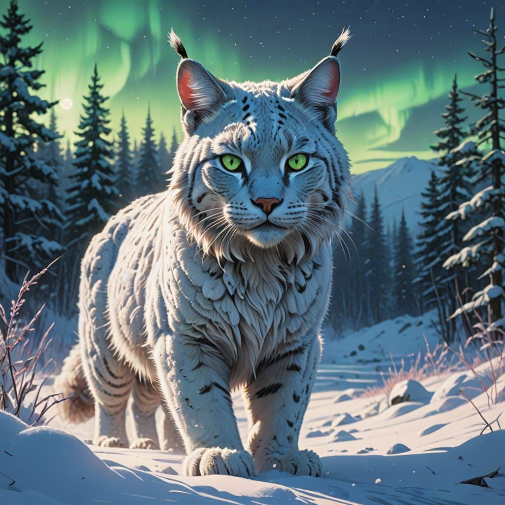 Majestic White Bobcat in Hyperrealistic Snowy Landscape