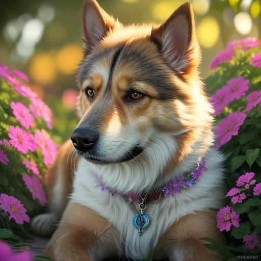 Hyperrealistic Dog on Sunny Beach Road with Flowers