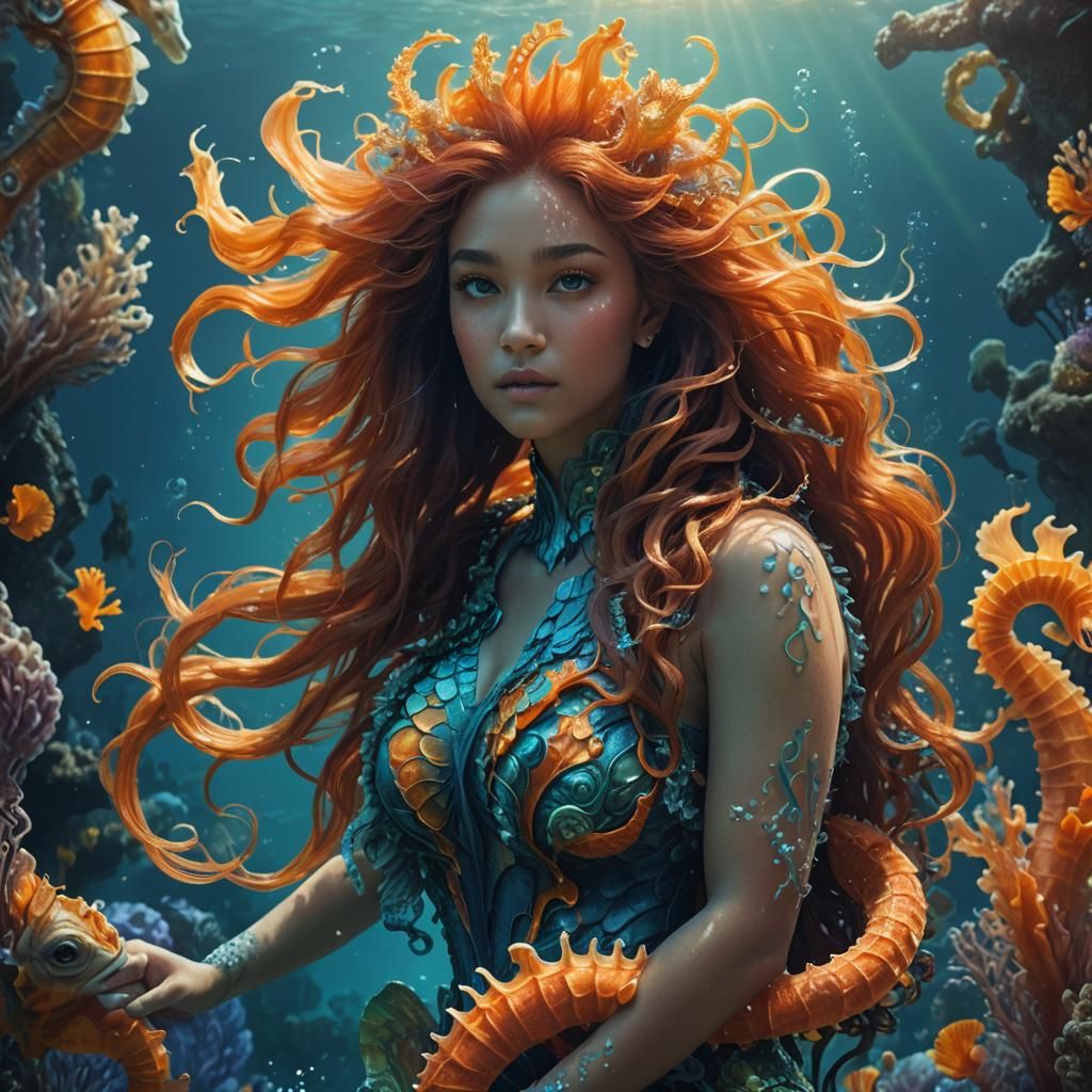 Mermaid on Seahorse in Underwater Fantasy Art