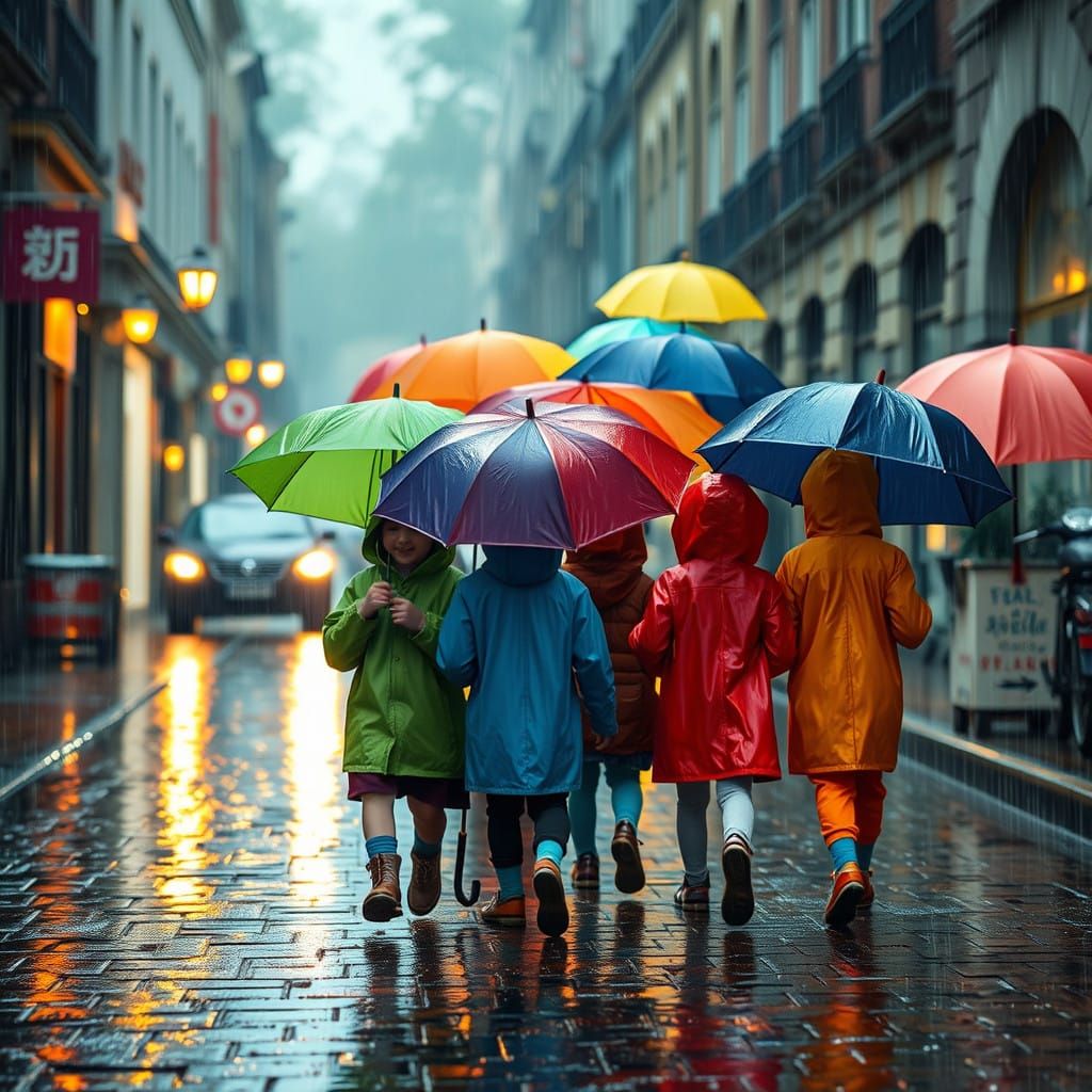 Children in Colorful Umbrellas, Walking in the Rain