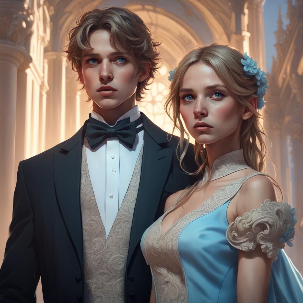 Boy in Tuxedo and Girl in Blue Dress Portrait