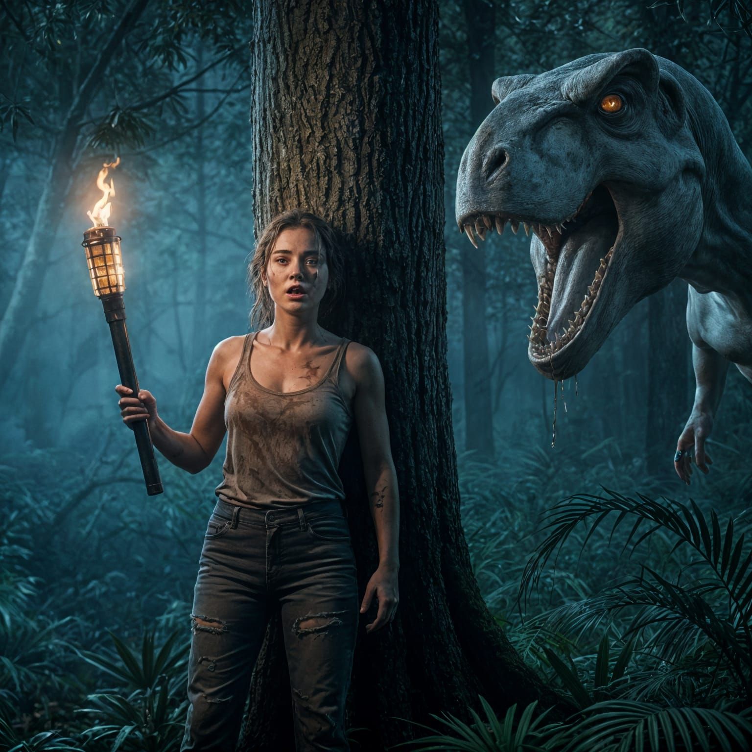 Terrified Woman Confronts T-Rex in Jungle at Night