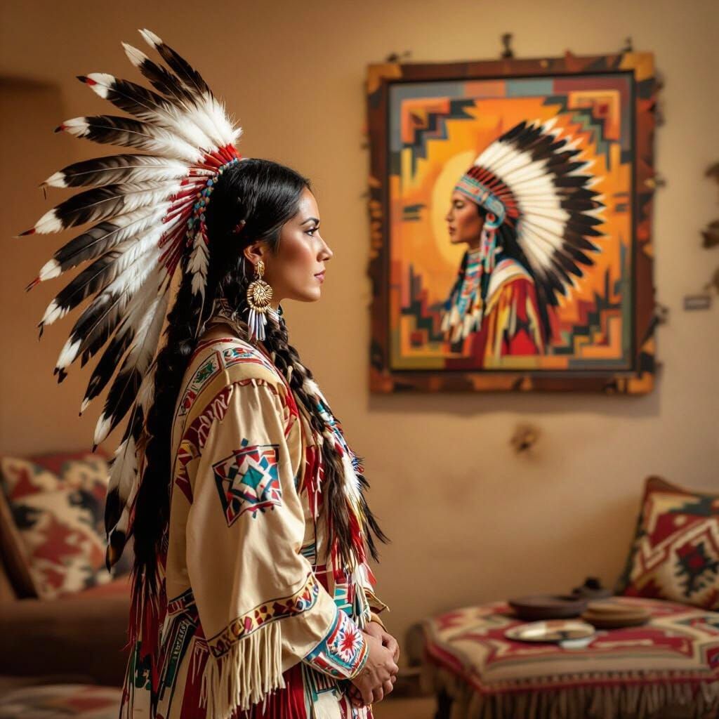 Native American Woman Admiring Art in Gorman Style