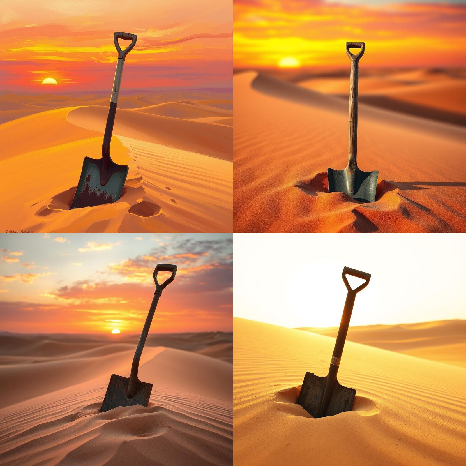 Desert Sunrise: Shovel in Sand, Impressionistic Style