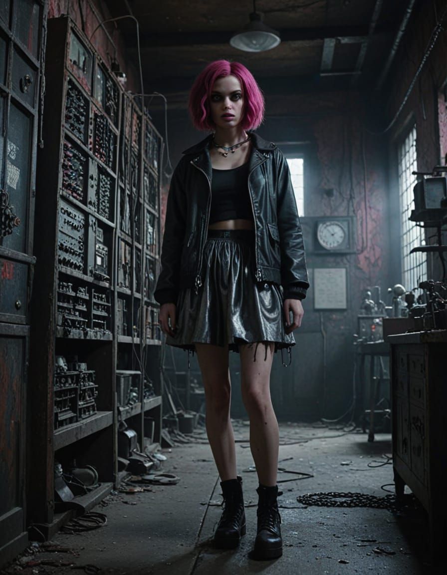 Girl in Dark Fantasy Horror Lab Setting