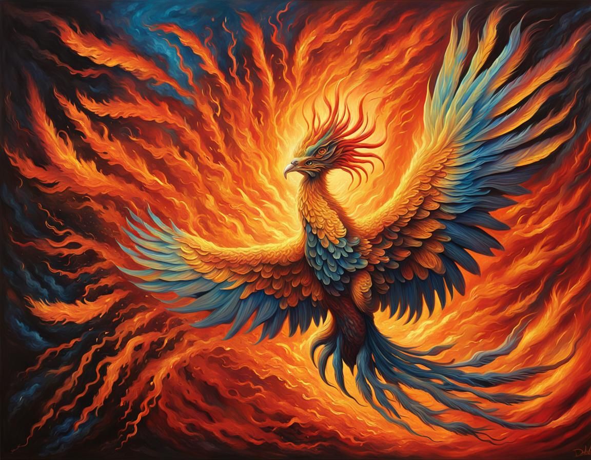 Phoenix Rising from Flames: Oil Painting in Vivid Colors