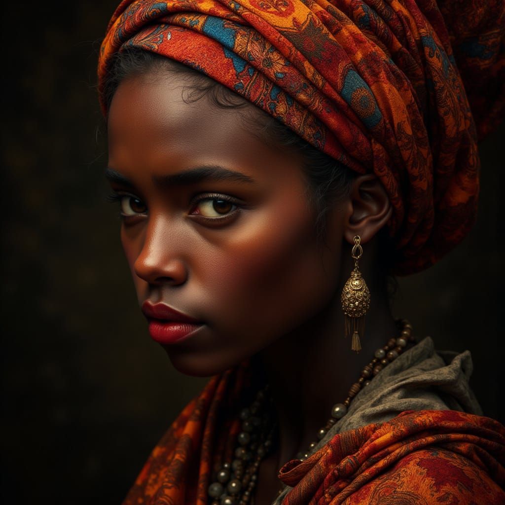 Elegant African Goddess Portrait in Hyperrealistic Oil Style