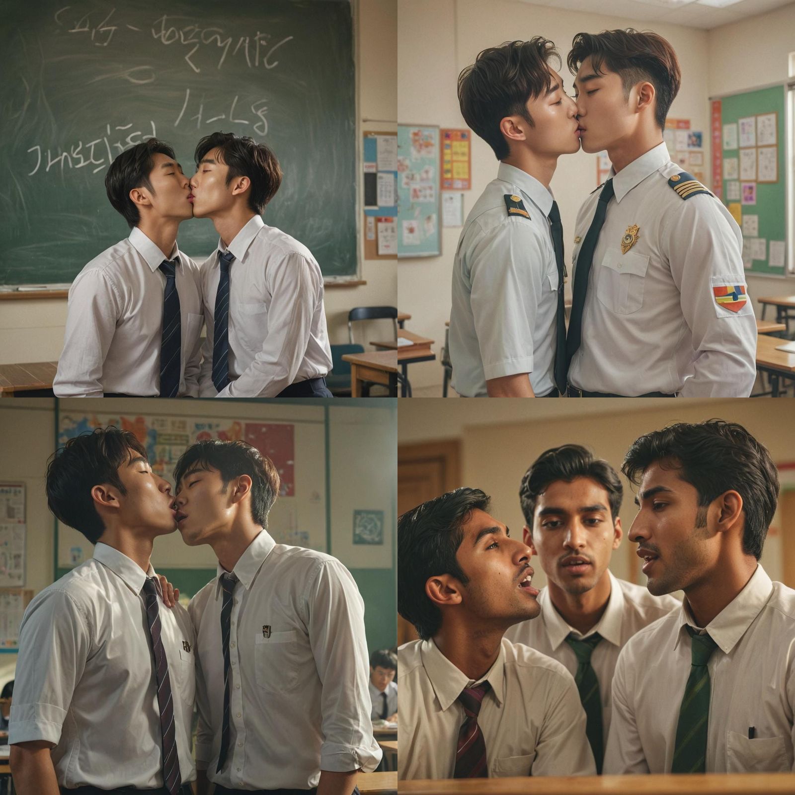 Gay Kiss in Classroom: Hyperrealistic Splash Art