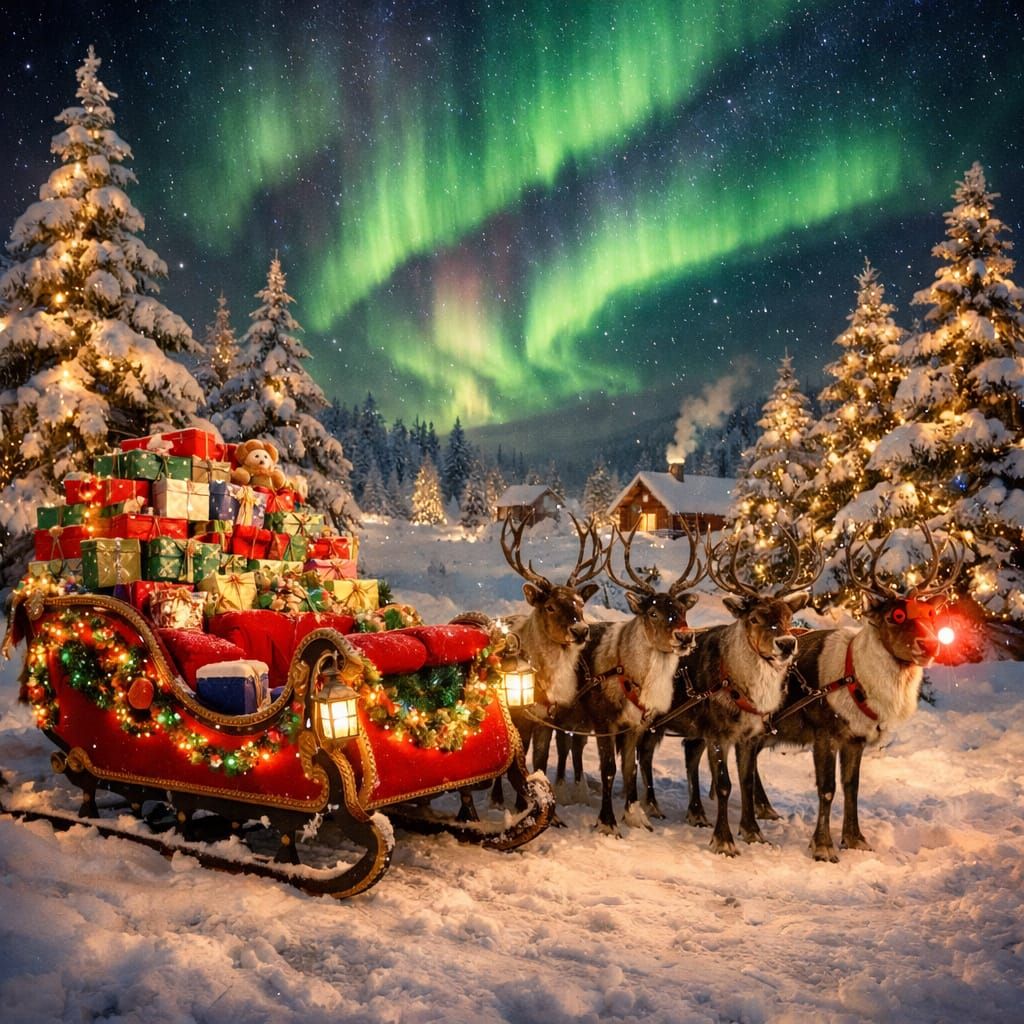 Santa's Sleigh in Lapland Under the Aurora