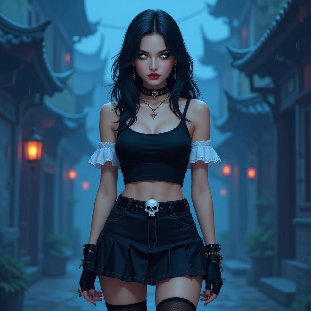Goth Woman with Heterochromatic Eyes in Matte Painting Style