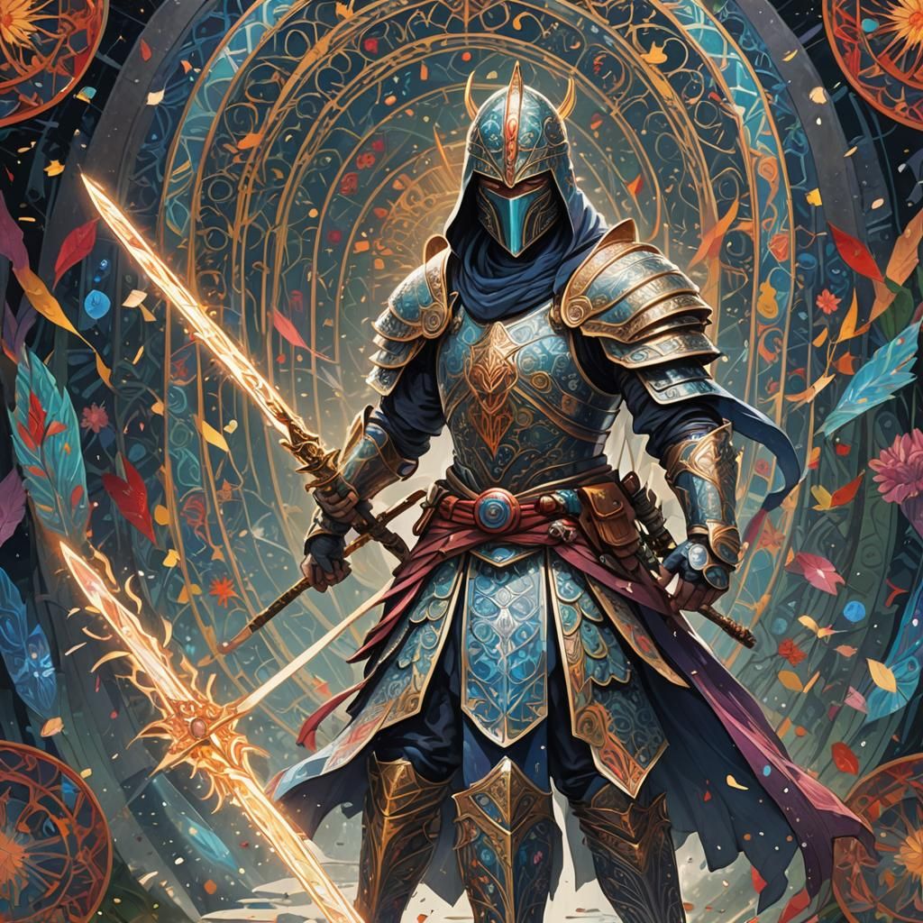 Heroic Warrior with Levitating Blades in Neon Style