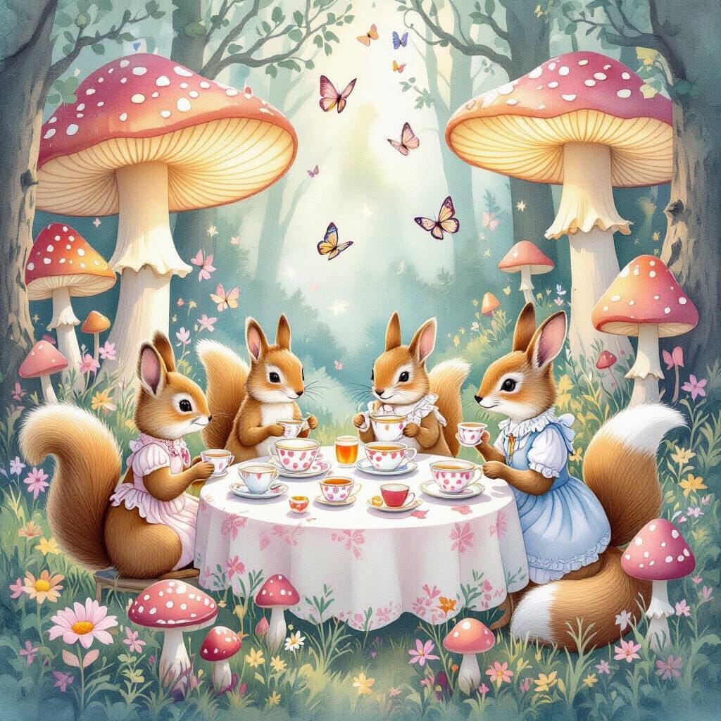 Whimsical Tea Party in Mushroom Forest, Watercolor Style