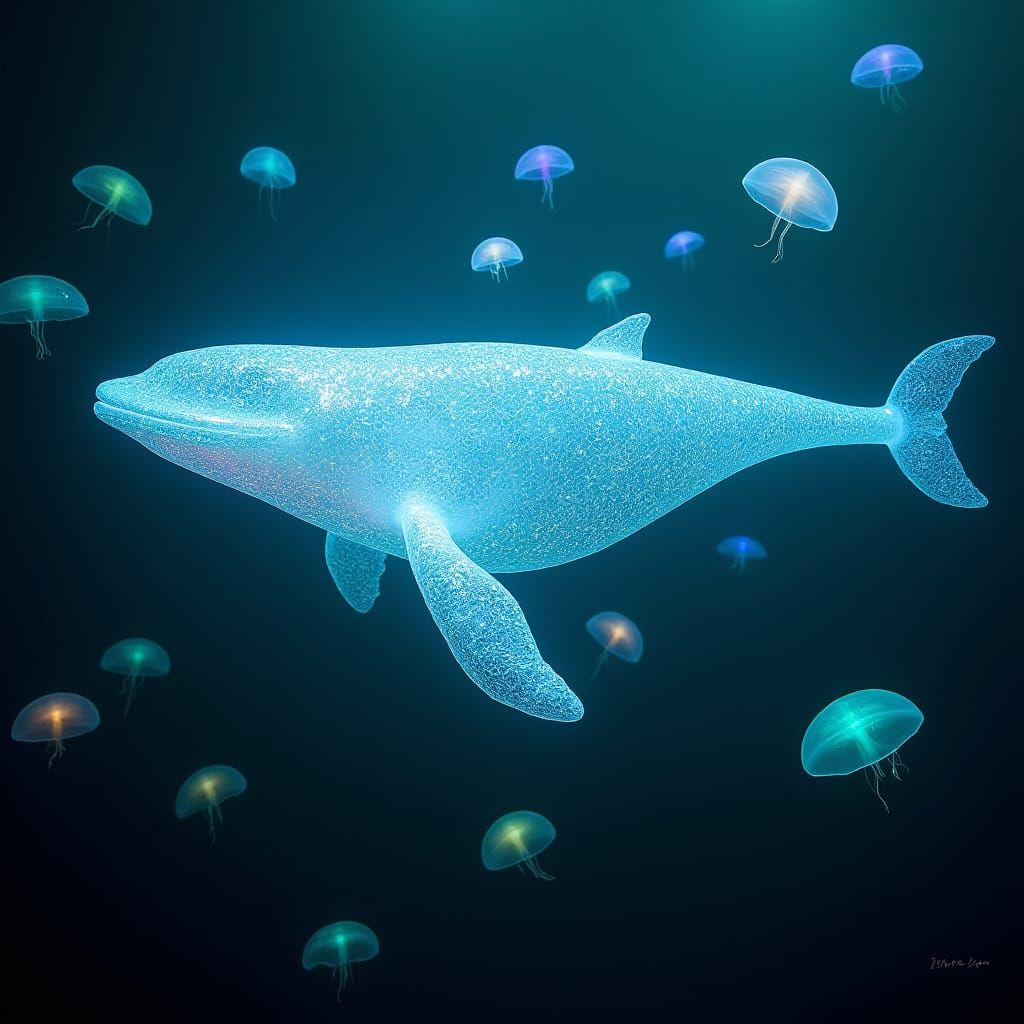 Ethereal Glass Whale in Bioluminescent Ocean