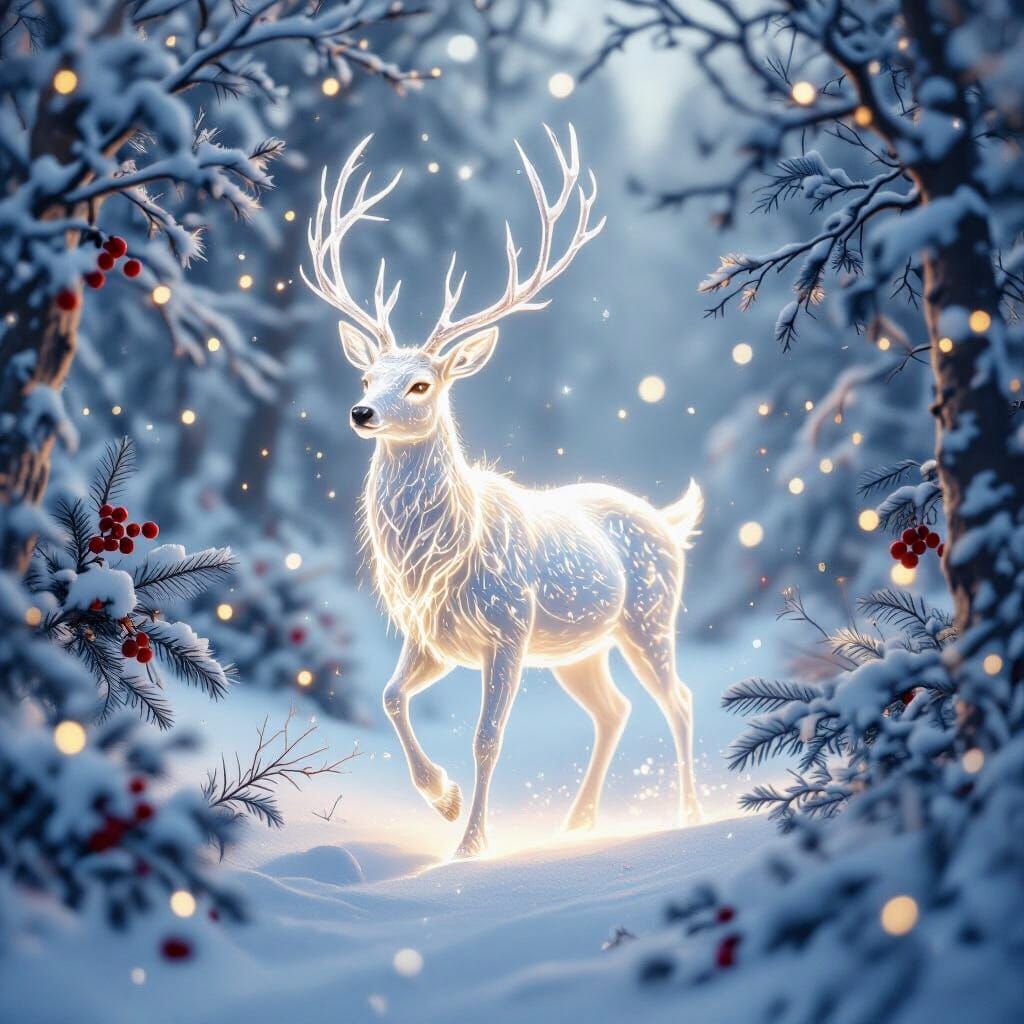 Glowing Icy Deer in Snowy Christmas Forest