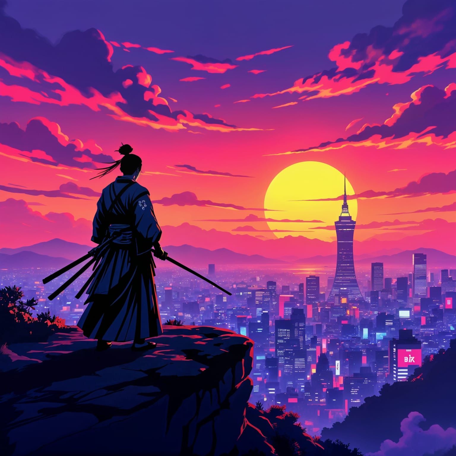 Samurai Gazing at Neon Cityscape in Ukiyo-e Style