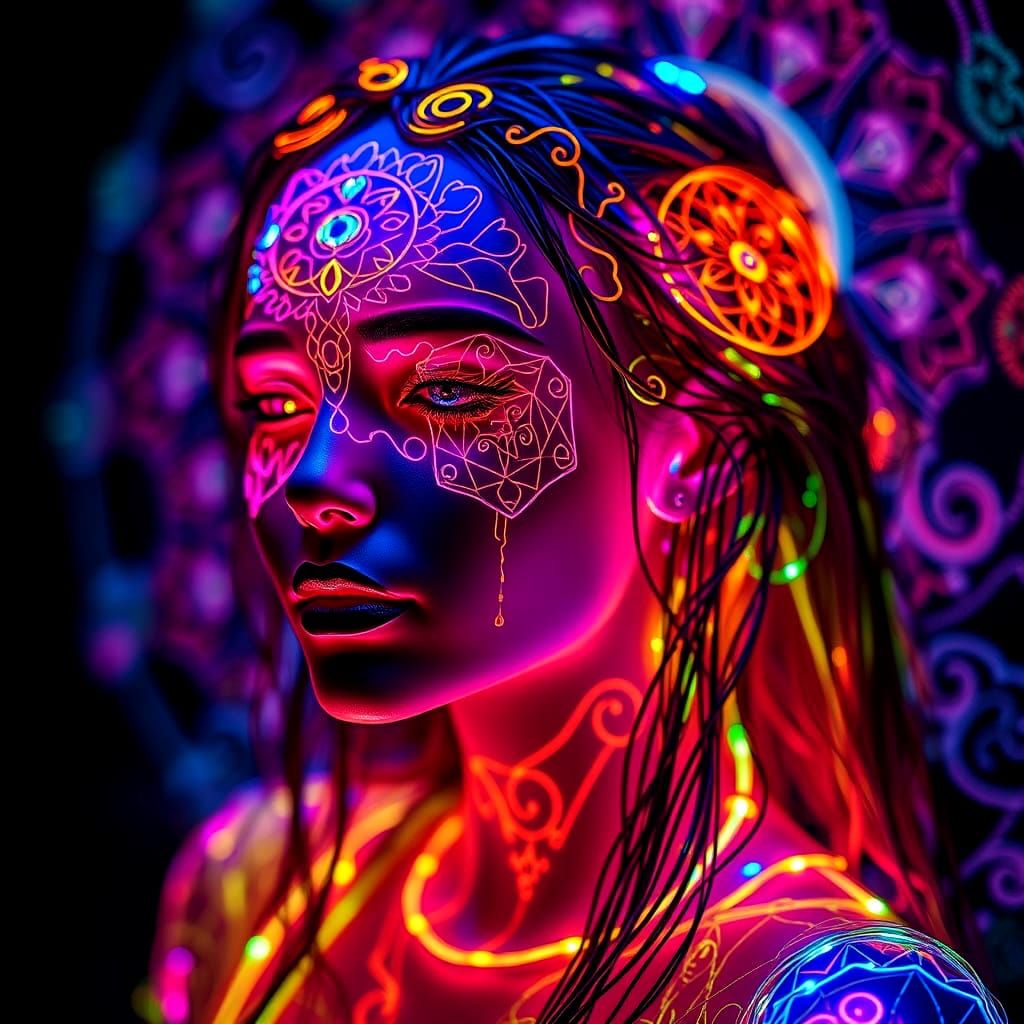 Boho Figure of Glowing Wires with Abstract Geometric Pattern...