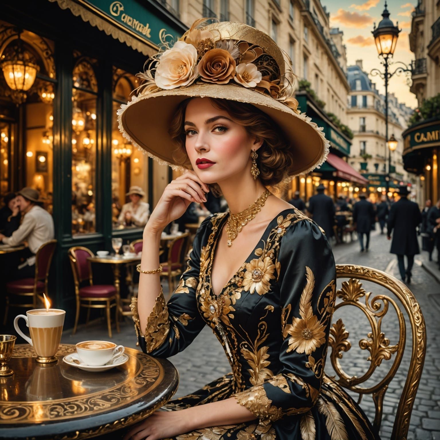Elegant Lady Sipping Espresso in Parisian Café