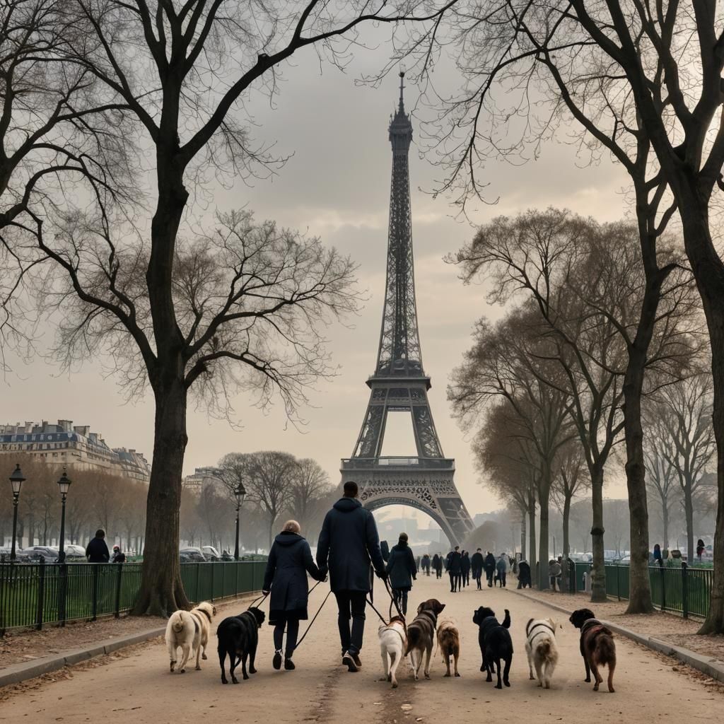 Dog Walker and Five Pampered Dogs in Paris