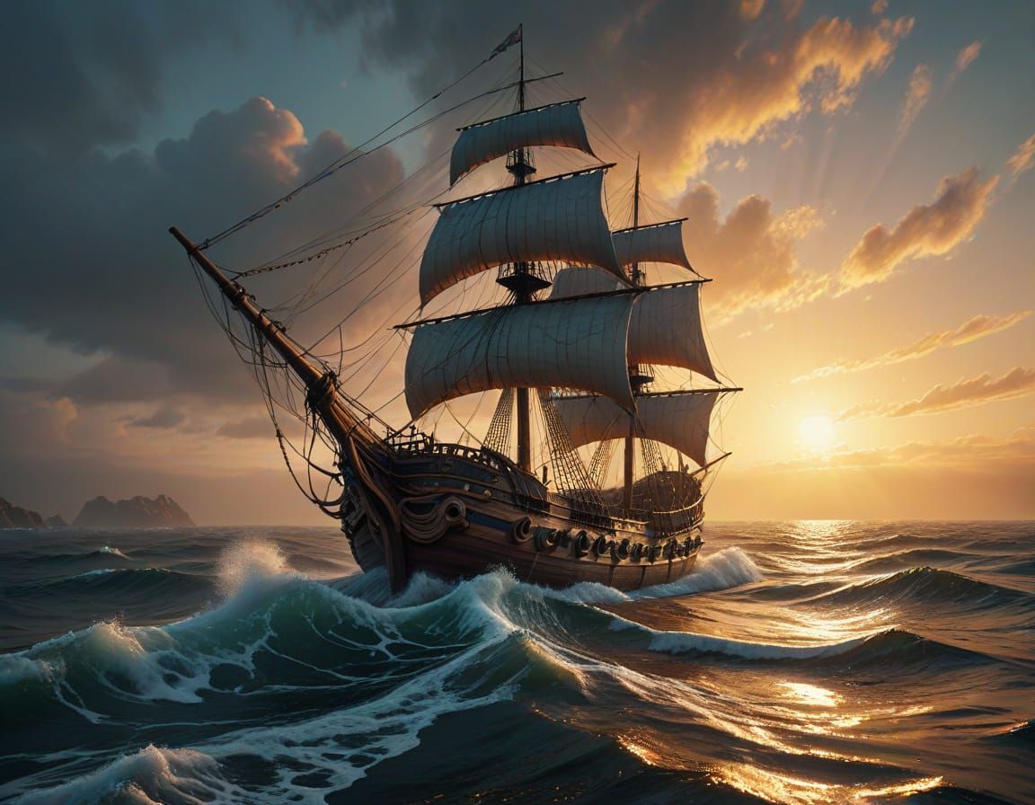 Majestic Octopus Wrecks Wooden Sailing Ship in Mosaic Art