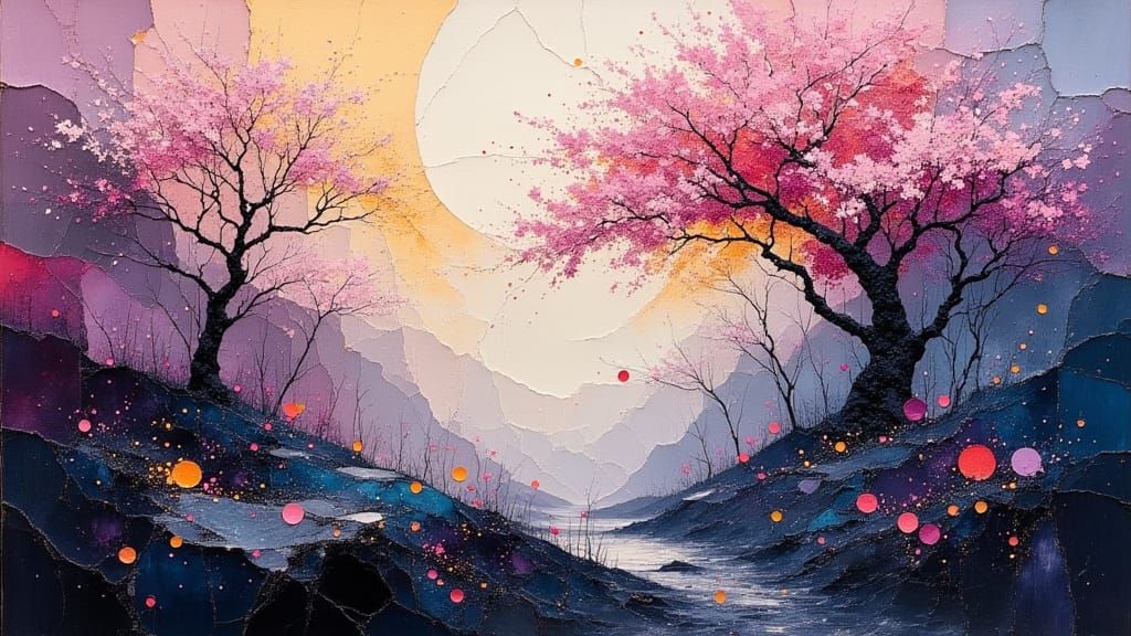 Mystical Cherry Blossoms in Oil Painting Style
