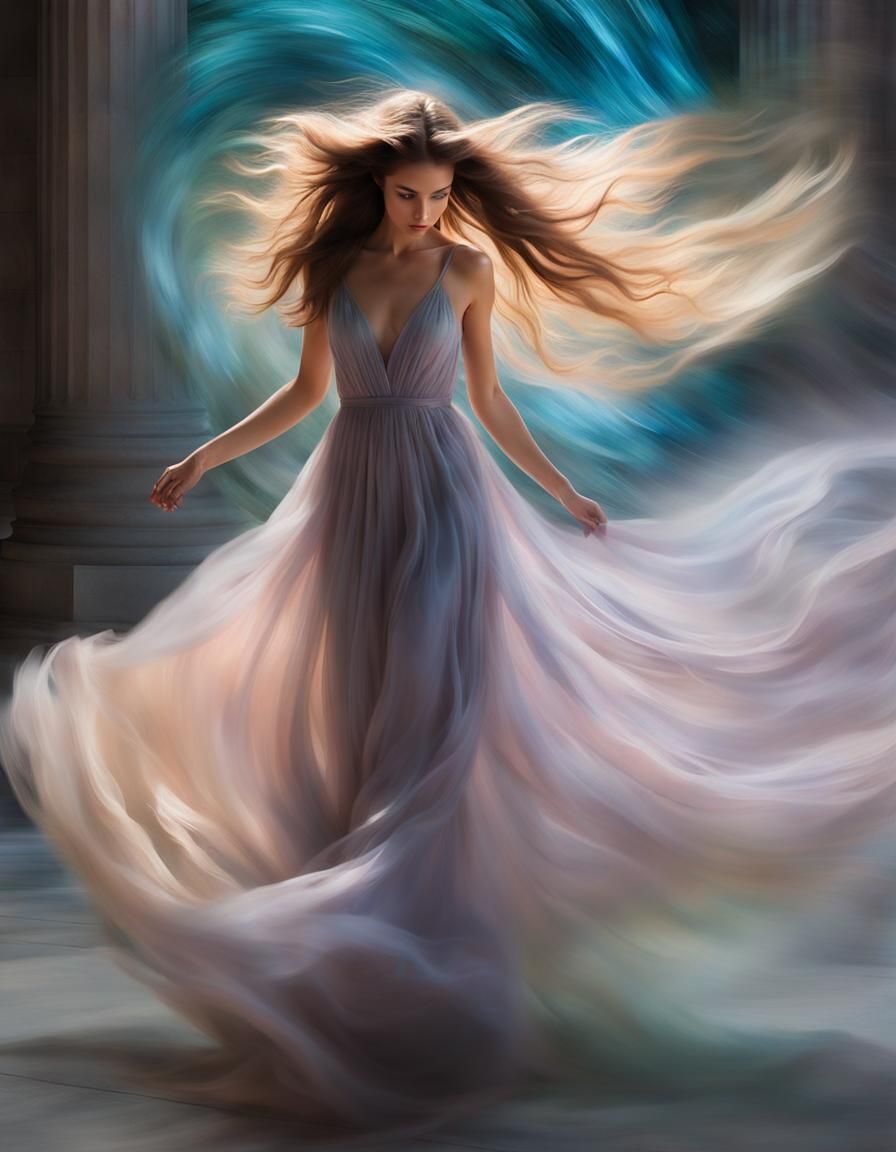 Ethereal Girl Emerges from Iridescent Portal