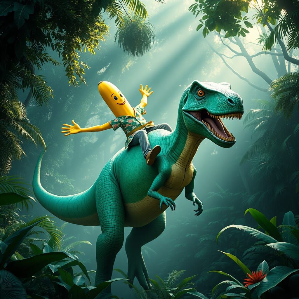 Anthropomorphic Banana Rides Giant T. Rex in Vibrant Jungle