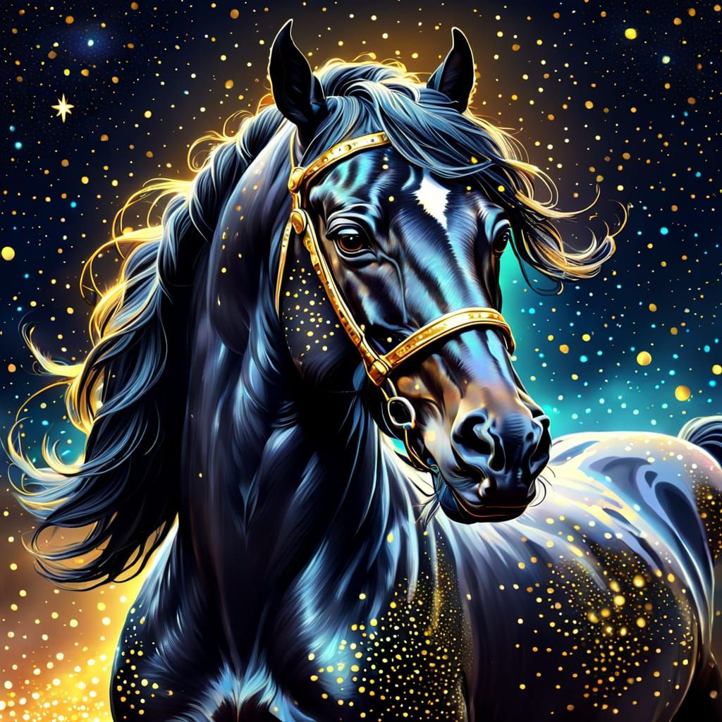 Cosmic Black Horse with Gold Polka Dots