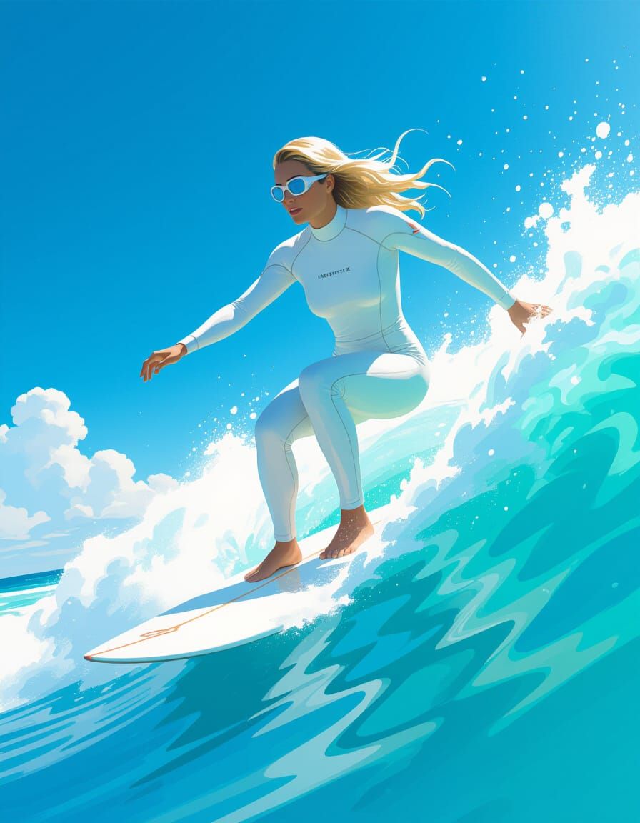 Surfer Rides Turquoise Wave in Stylized Realism