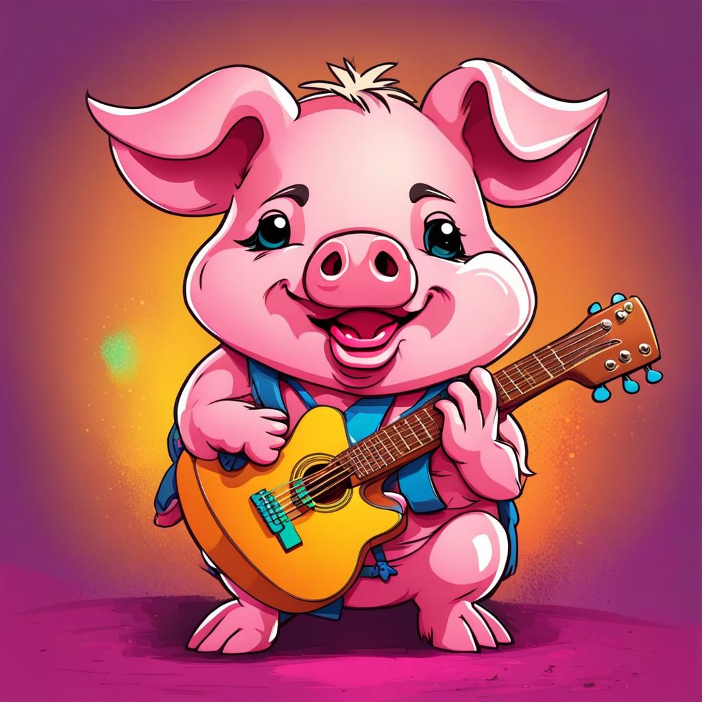 Chibi Pig Serenades with Bright Colors
