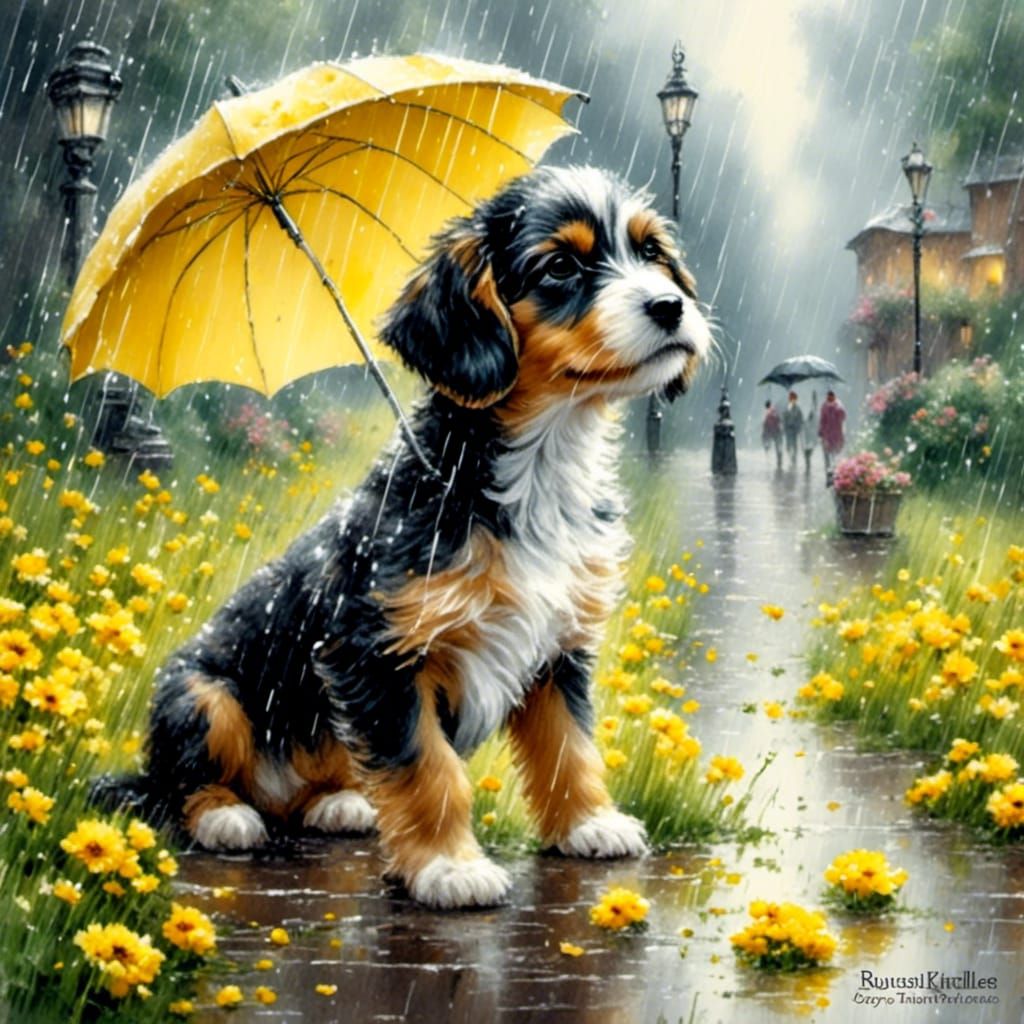 Puppy in Rain Watercolor Chalk Art