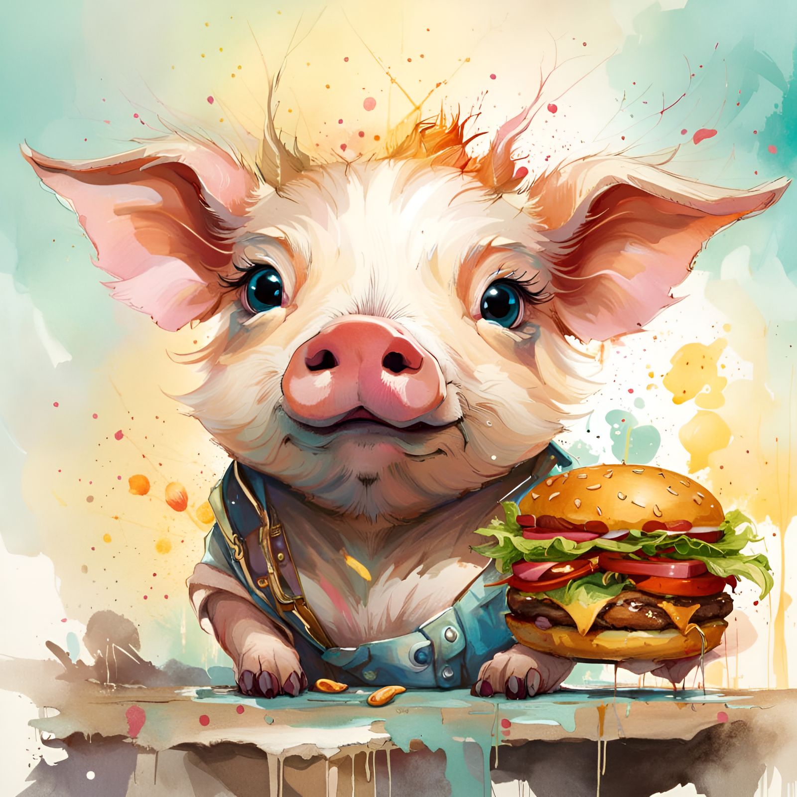 Adorable Pig with Hamburger Digital Portrait