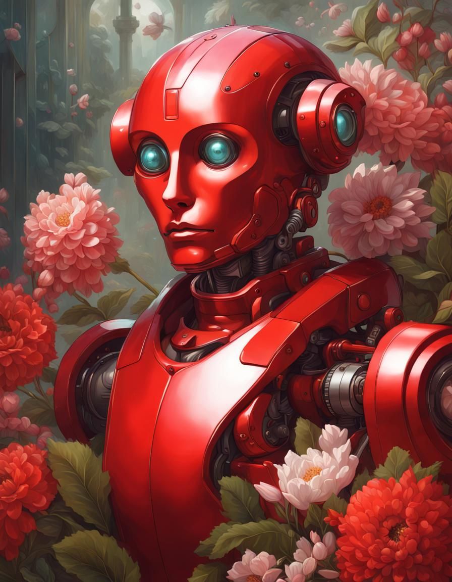 Robot Portrait with Flowers in Botanical Art Style