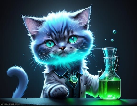 Cute Cat Scientist with Bioluminescent Fur