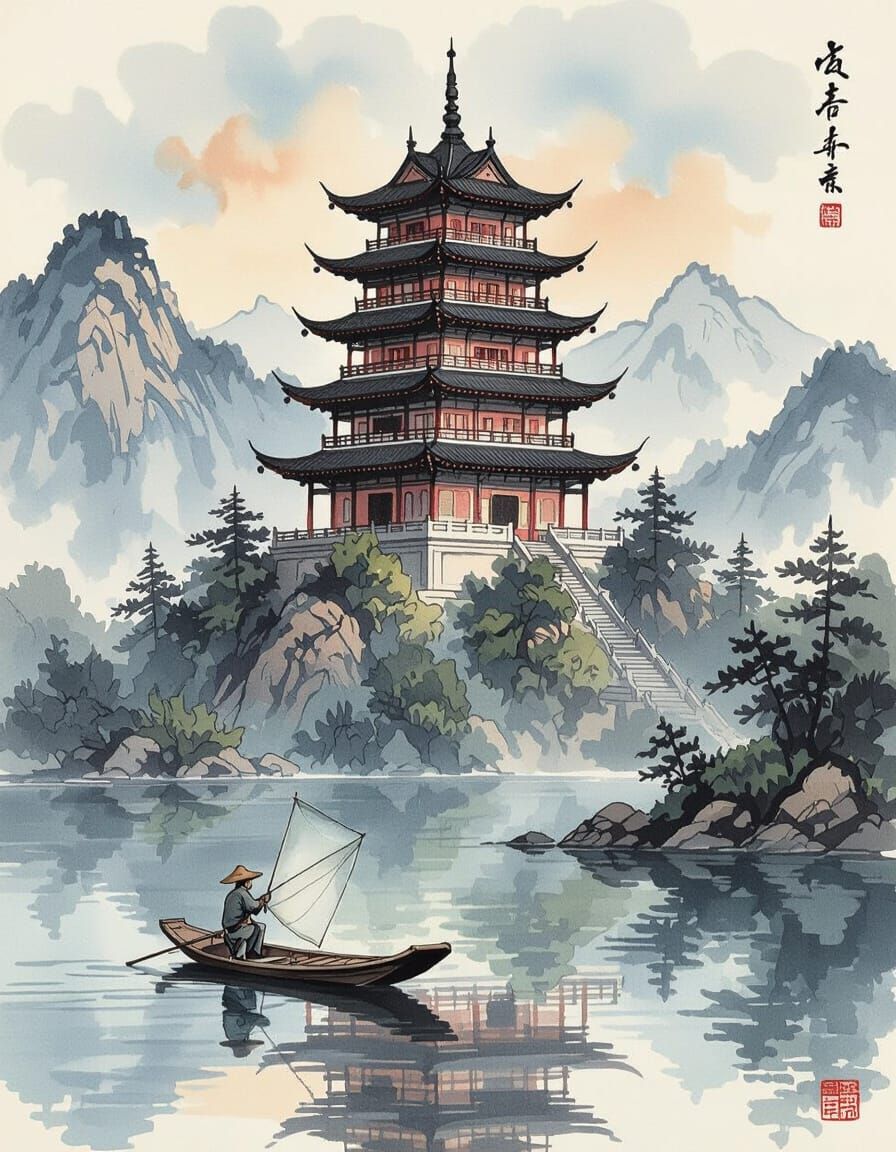 Mountain Pagoda Overlooking Lake with Fisherman