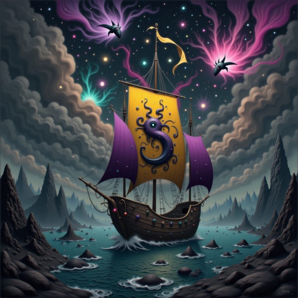 Ominous Sailing Vessel in Dark Fantasy Art