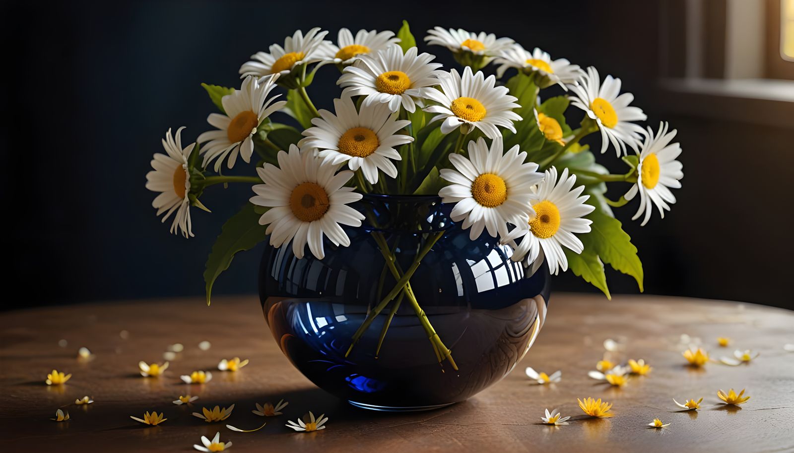 Dark Blue Vase with Daisies and Yellow Leaves