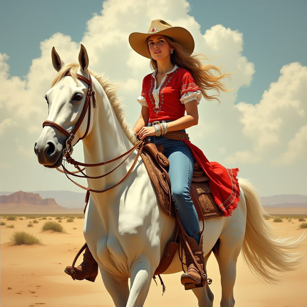 Cowgirl on White Stallion in American West Style