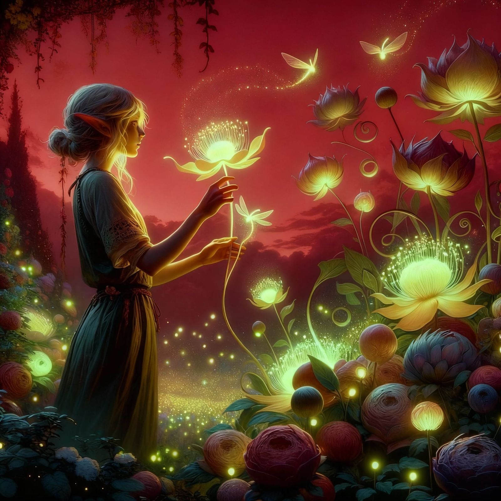 Elf Tending Magical Glowing Flowers at Twilight