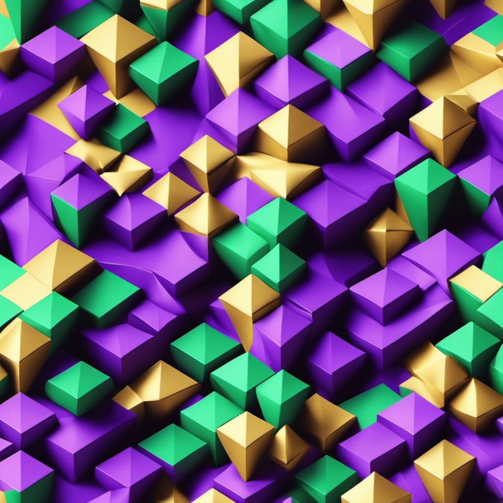 Isometric 3D Abstract Art in Purple, Gold, and Green