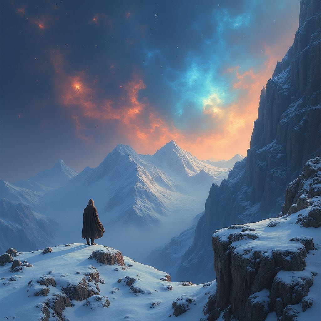 Wanderer Gazing at Nebula in Dreamlike Landscape