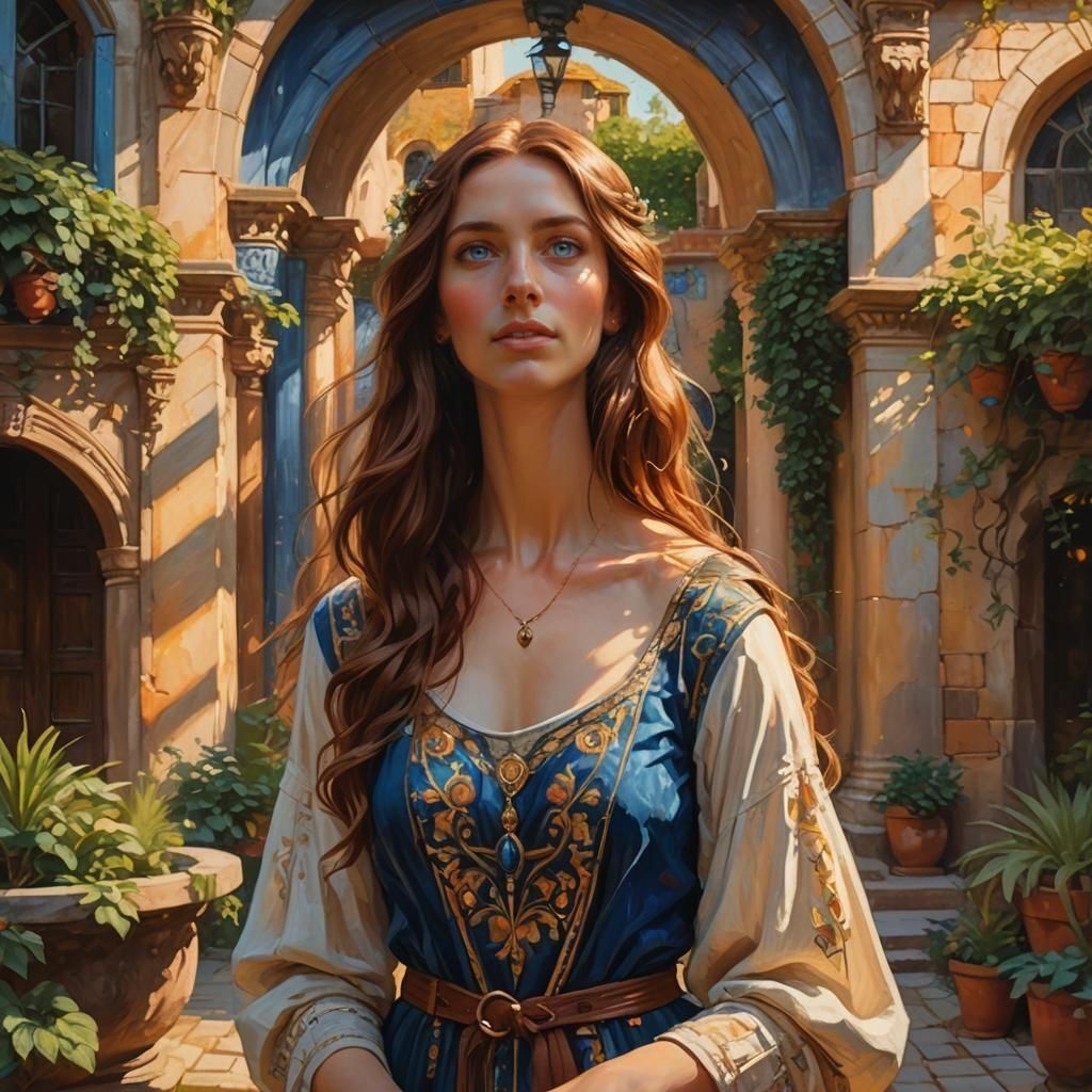 Romantic Courtyard Scene in Fauvist Portrait Style