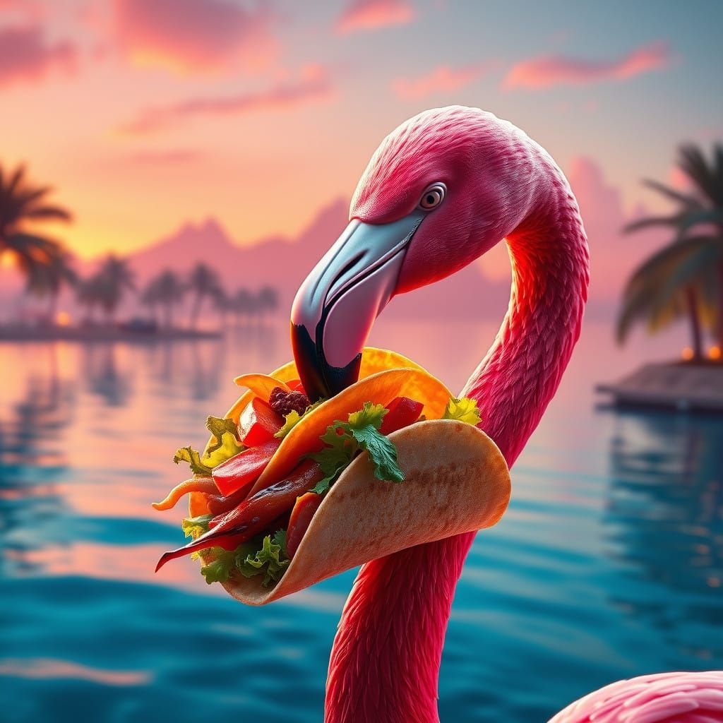 Majestic Flamingo Savoring Vibrant Taco in Futuristic Paradi...