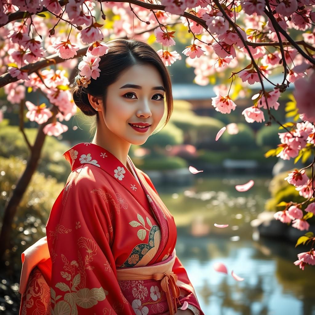 Graceful Japanese Woman in Kimono, Cinematic HDR