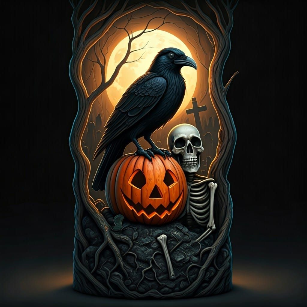 Totem Pole Raven and Halloween Pumpkin